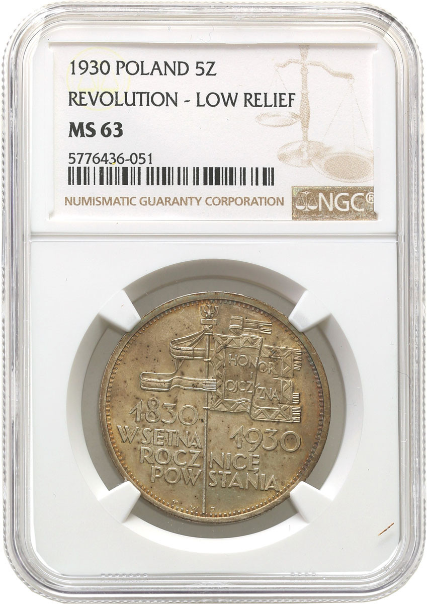 II RP. 5 złotych 1930 Sztandar NGC MS63 PIĘKNY